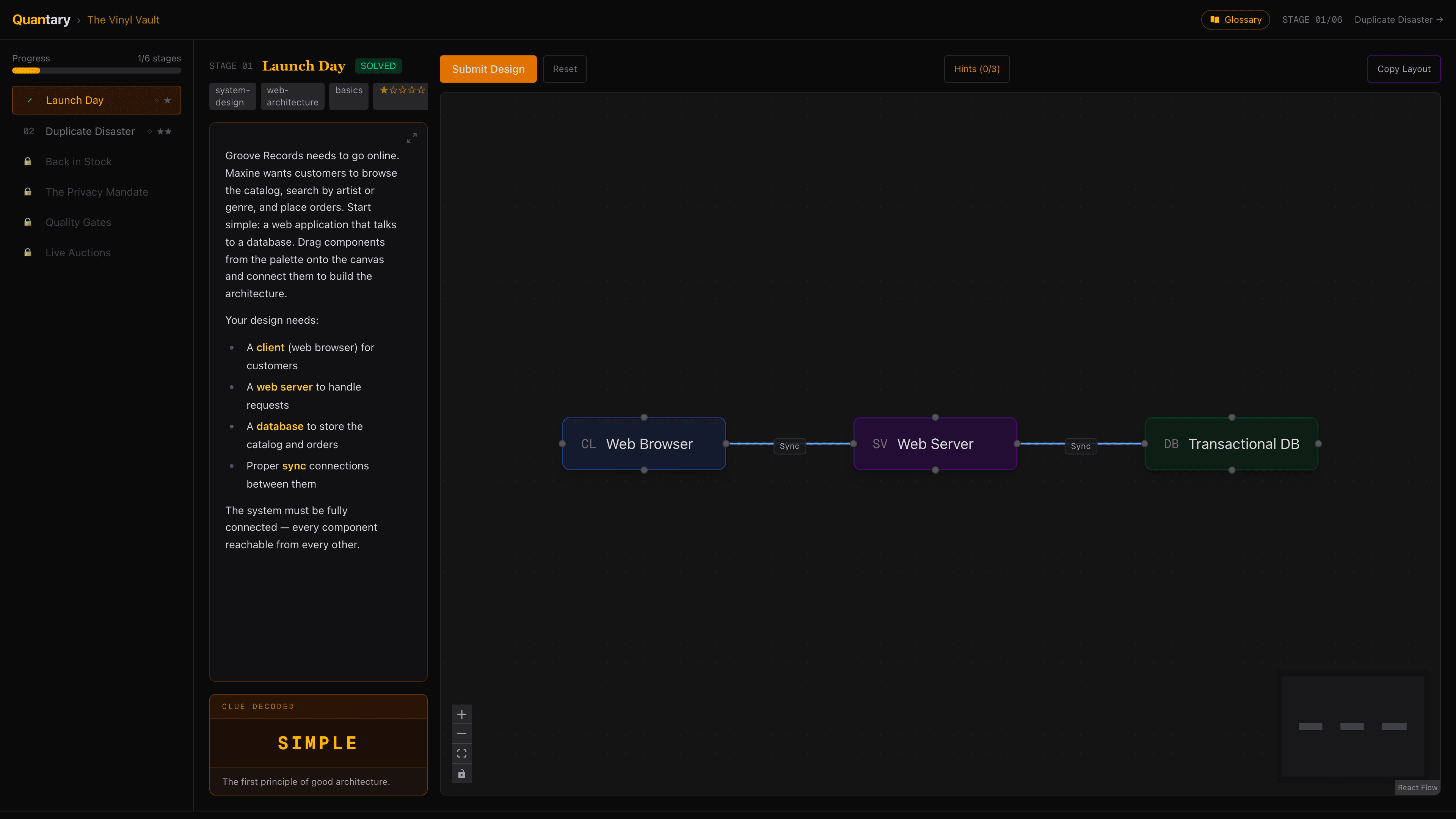 A Quantary system design challenge: a story briefing on the left, a node-and-edge canvas on the right with web browser, web server, and transactional database connected.